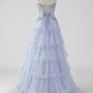 Dreamy Light Blue A-Line Spaghetti Strap Sequins Tulle Dress Prom Dress M050