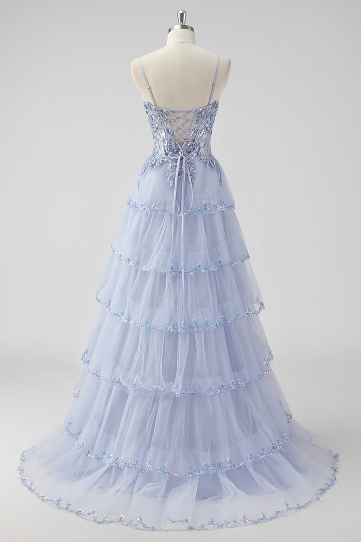 Dreamy Light Blue A-Line Spaghetti Strap Sequins Tulle Dress Prom Dress M050