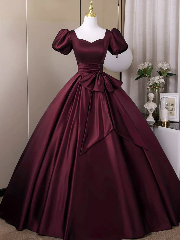 Classy Burgundy Ball Gown Sweetheart Neckline Puff Short Sleeves Big Bow Satin Quinceanera Prom Dress M054