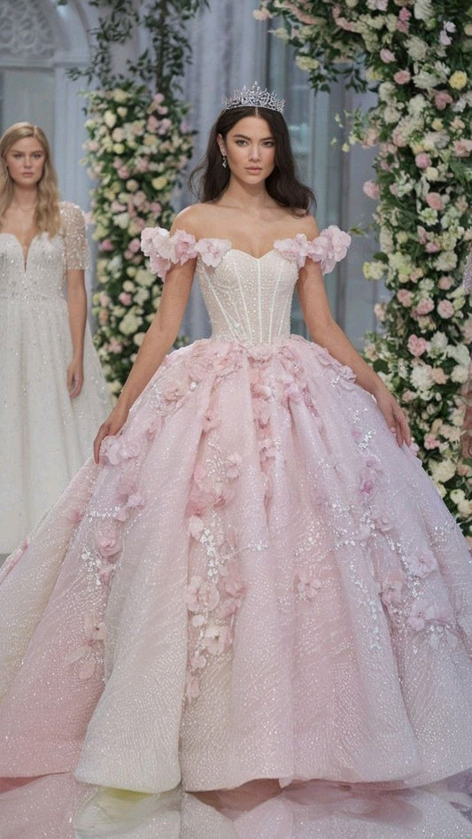 Sweet Pink Ball Gown Off-The-Shoulder Floral Appliques Rhinestones Tulle Dress Quinceanera Dress Prom Dress M056