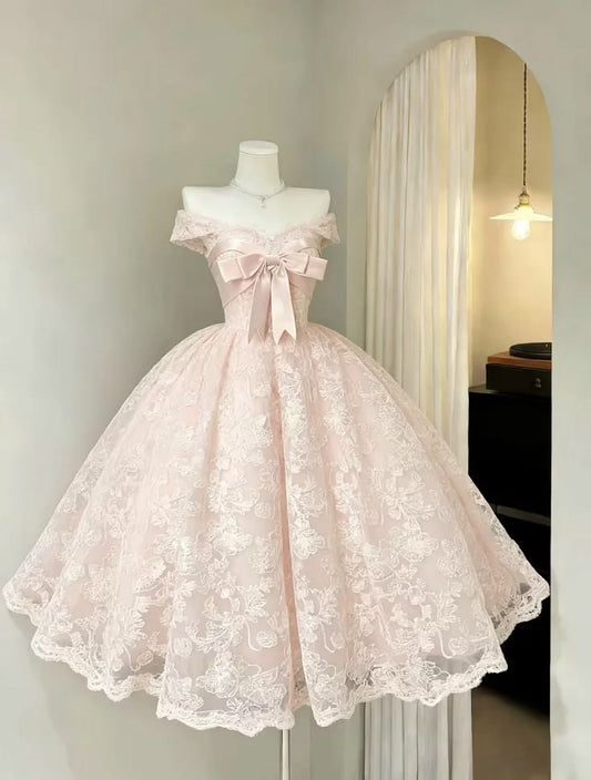Sweet Pink Ball Gown Off-The-Shoulder Big Bow Lace Floar Tulle Quinceanera  Prom Dress M055