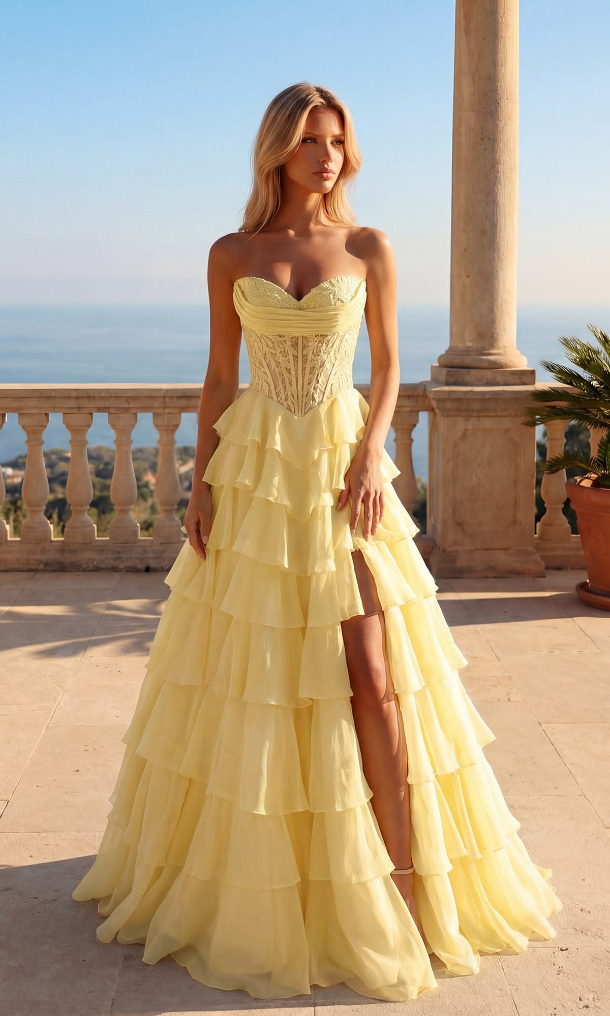 Elegant Yellow A-Line Sweetheart Lace Corset Slit Ruffled Chiffon Dress Prom Dress M058