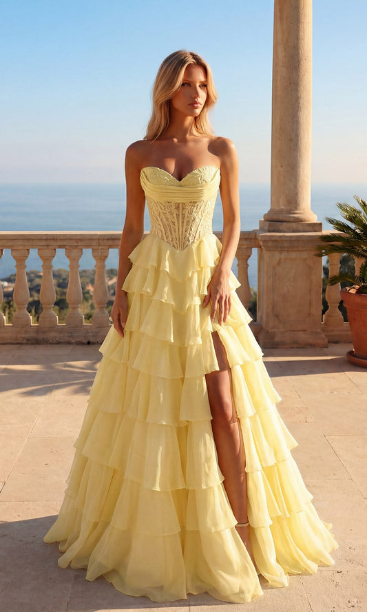 Elegant Yellow A-Line Sweetheart Lace Corset Slit Ruffled Chiffon Dress Prom Dress M058