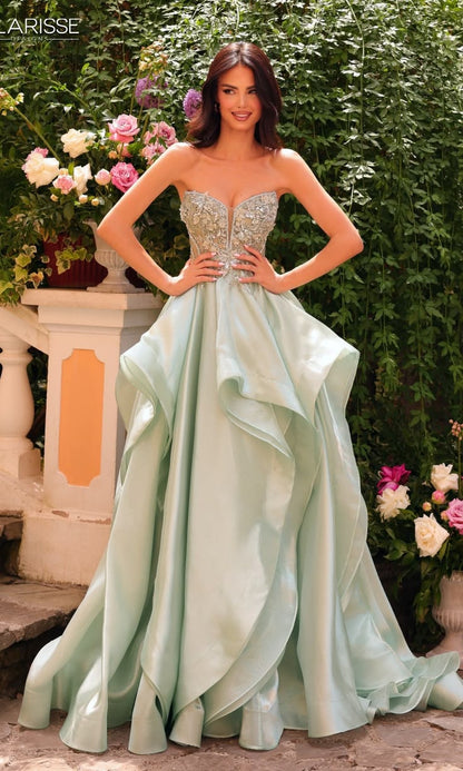 Pretty Light Green A-line Sweetheart Floral Appliques Beaded Ruffles Satin Dress Prom Dress Evening Dress M057