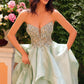 Pretty Light Green A-line Sweetheart Floral Appliques Beaded Ruffles Satin Dress Prom Dress Evening Dress M057