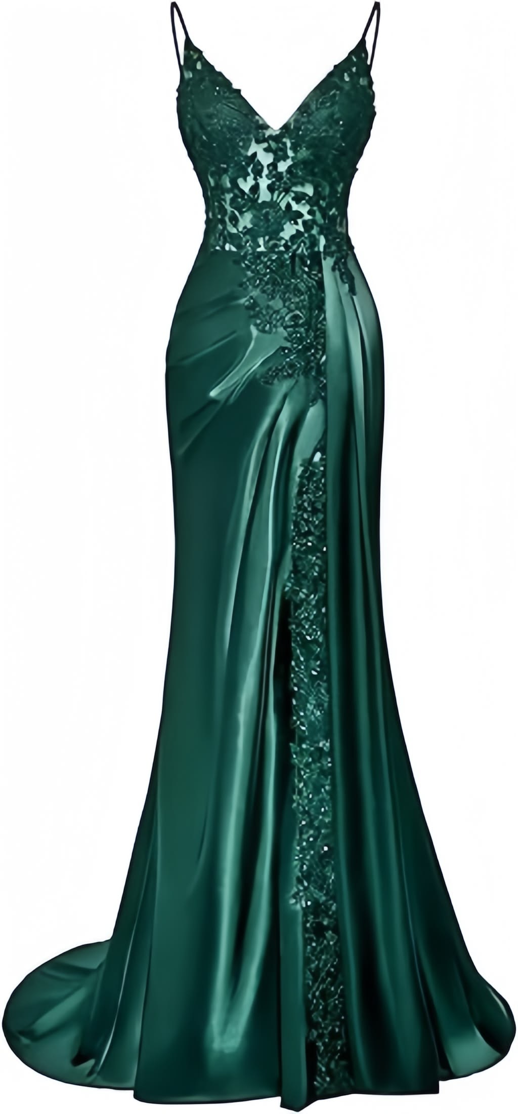 Pretty Dark Green Mermaid Dress Spaghetti Strap Lace Beaded Pleated Satin Dress Prom Evening Dress M060