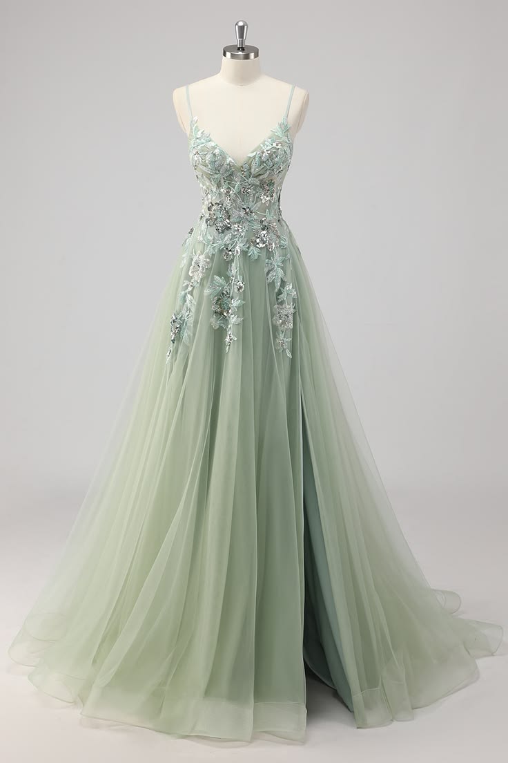 Dreamy Light Green A-Line Dress Spaghetti Strap Lace Appliques Sequins Tulle Dress Prom Dress M061