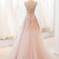 Dreamy Pink A-Line Strapless Appliques Sequins Long Tulle Dress Prom Dress M059