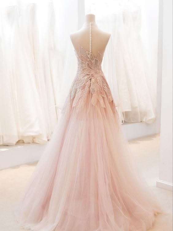 Dreamy Pink A-Line Strapless Appliques Sequins Long Tulle Dress Prom Dress M059