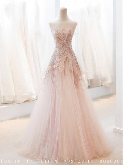 Dreamy Pink A-Line Strapless Appliques Sequins Long Tulle Dress Prom Dress M059