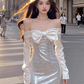 Elegant Strapless Sequined Birthday Dress Short Prom Dress Quinceanera Dress with Bowknot D1735
