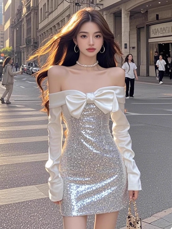 Elegant Strapless Sequined Birthday Dress Short Prom Dress Quinceanera Dress with Bowknot D1735