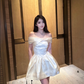 Elegant One Shoulder Lace Satin A-line Dress Mini Birthday Outfit D1738