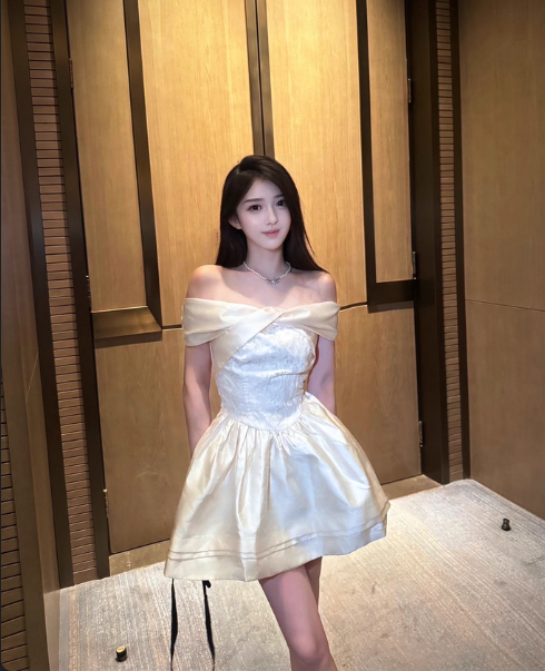 Elegant One Shoulder Lace Satin A-line Dress Mini Birthday Outfit D1738