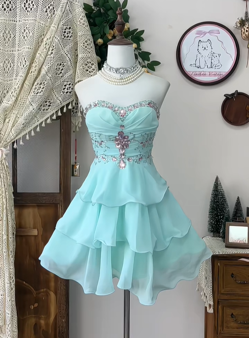 Cute Sleeveless Sweetheart Neckline Swarovski Crystal Layered Ruffles Party Dress Homecoming Dress  D1747