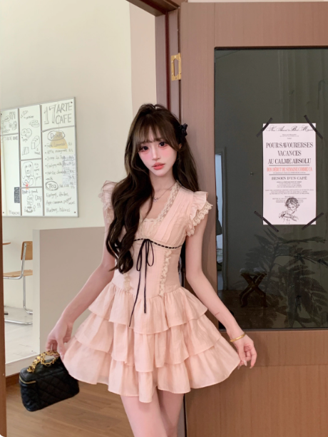 Cute V-neck lace Tiered Ruffle Mini Sweet 16 Dress Birthday Outfits Homecoming Dress D1757