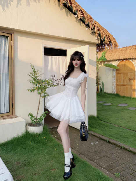 Cute Square Neckline Pleated Cascade Bubble Short Prom Dress Homecoming Dress Quinceanera DressD1758
