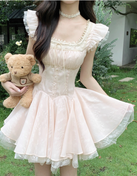 Cute Square Neckline Pleated Cascade Bubble Short Prom Dress Homecoming Dress Quinceanera DressD1758