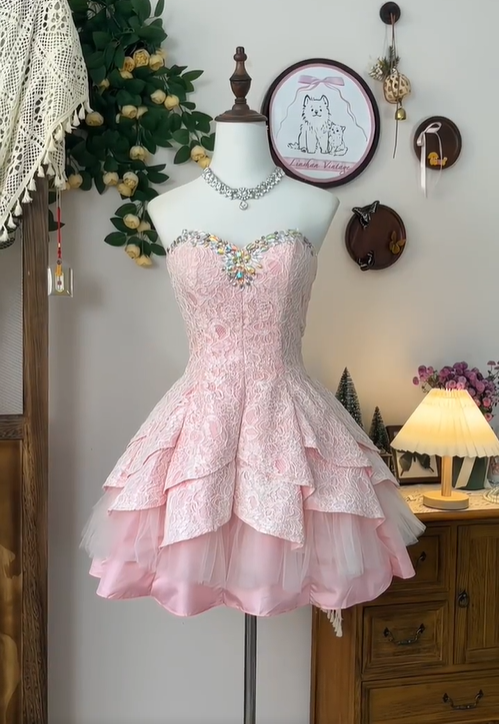 Gorgeous Sweetheart Swarovski Crystal Lace Tiered Flouncing Short Prom Dress Quinceanera Dress D1761