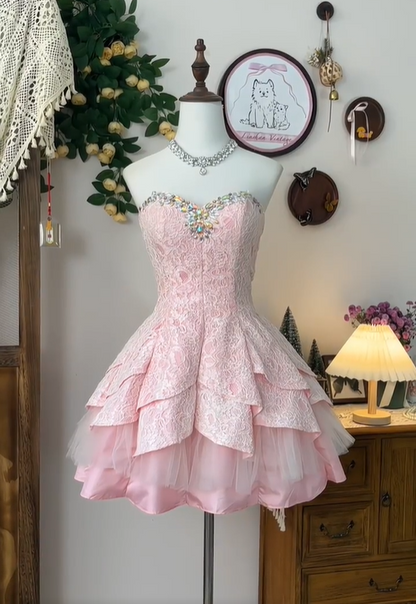 Gorgeous Sweetheart Swarovski Crystal Lace Tiered Flouncing Short Prom Dress Quinceanera Dress D1761