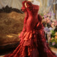 Vintage One - Shoulder 3D Floral Sheath Tiered Train Evening Dress Wedding Dress D1764