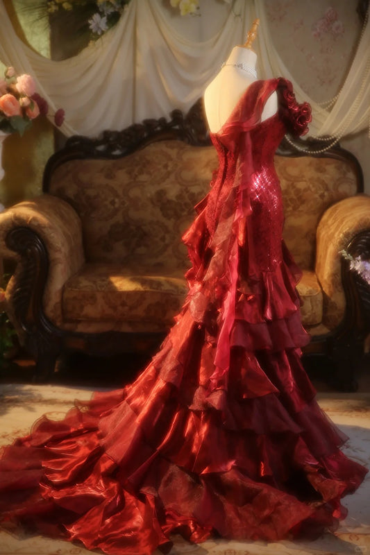 Vintage One - Shoulder 3D Floral Sheath Tiered Train Evening Dress Wedding Dress D1764