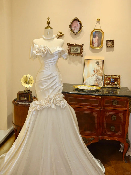 Elegant Strapless Sheath Mermaid Pleated Handmade Rose Wedding Dress Prom Dress Evening Dress  D1771