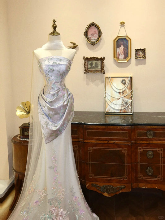 Gorgeous Strapless Embroider Flower Back Wraps Tulle Evening Dress Prom Dress Wedding Dress  D1773