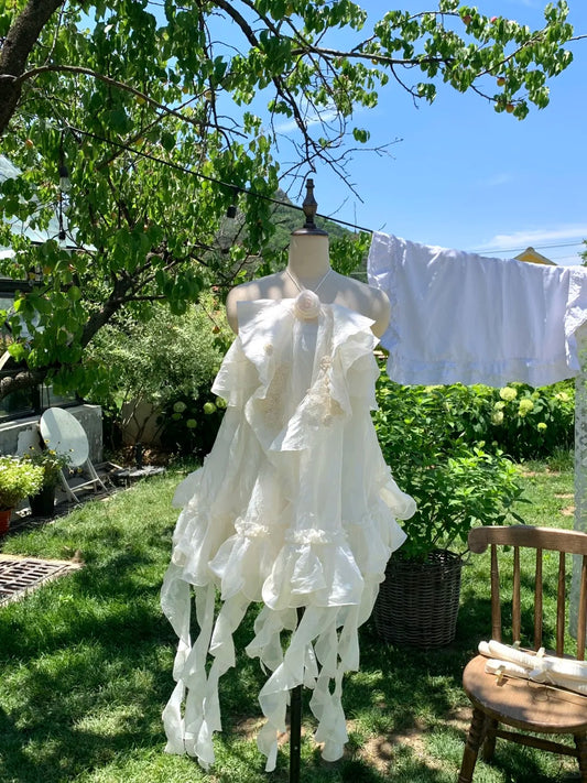 Robe de bal courte à volants et broderie florale faite à la main, dos nu, jolie robe de soirée D1778