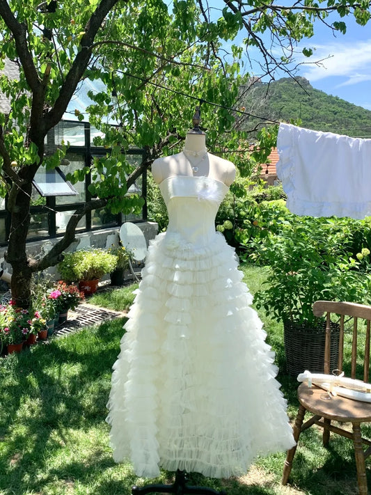 Pretty Bateau Sleeveless A  Line Feather Flower Tiered Tulle Long Homecoming Dress Birthday Outfits   D1780