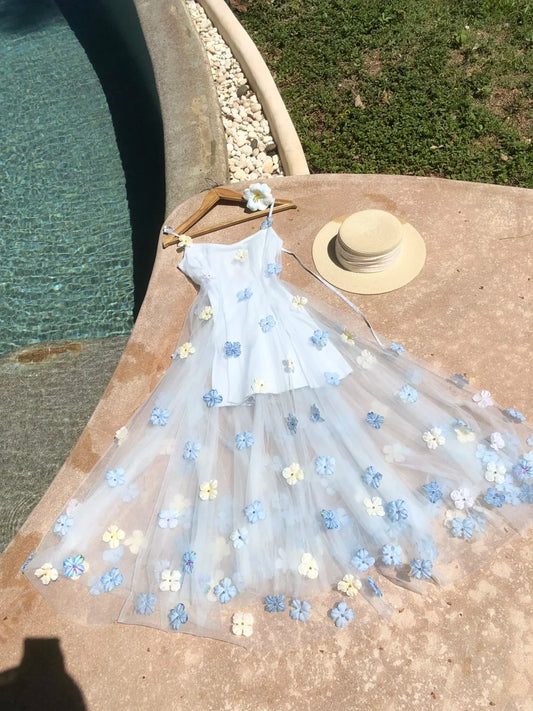 Seaside Spaghetti Straps Flower Tulle Homecoming Dress Sweet 16 Dress Cocktail Dress   D1781
