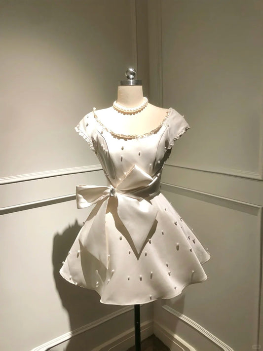 Cute A Line Crew Neck Pearl Crystal Bowknot Short Prom Dress Birthday Party  Sweet 16 Dress   D1782