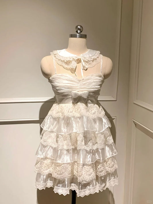 Pretty Spaghetti Straps Sweetheart Neckline Tiered Lace Organza Party Dress Homecoming Dress with Beading Bowknot  D1784