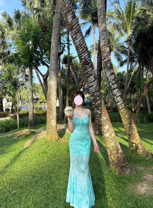 Sexy Seaside Spaghetti Straps Lace Tulle Sheath Long Dress Birthday Party Dress Women Dress Summer Dress D1788