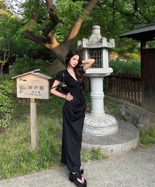 Elegant V-Neckline Sheath Short Sleeves Pleated Ankle Length Dress Party Dress Women Dress Summer Dress D1789