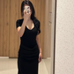 Elegant V-Neckline Sheath Short Sleeves Pleated Ankle Length Dress Party Dress Women Dress Summer Dress D1789