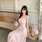 Cute A-Line Spaghetti Straps Lace-up Pleated Seaside Long Birthday Party Dress Women Dress Summer Dress D1790