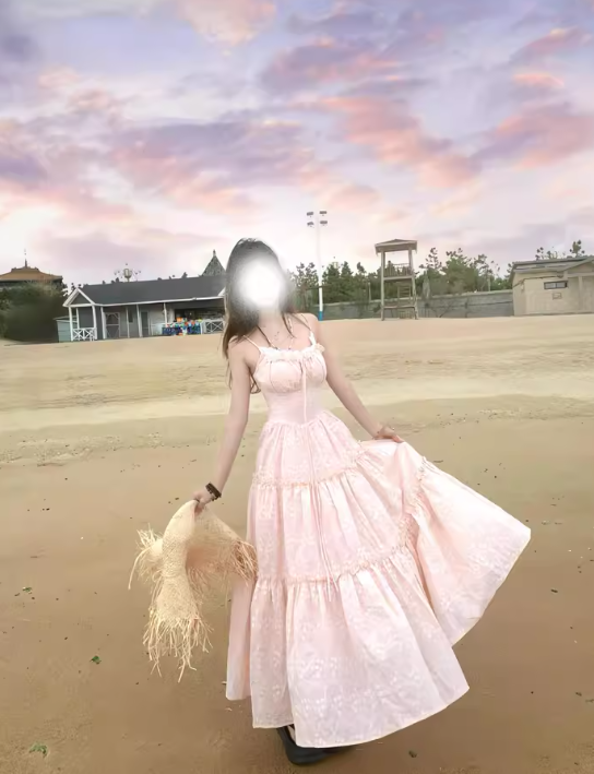 Cute A-Line Spaghetti Straps Lace-up Pleated Seaside Long Birthday Party Dress Women Dress Summer Dress D1790