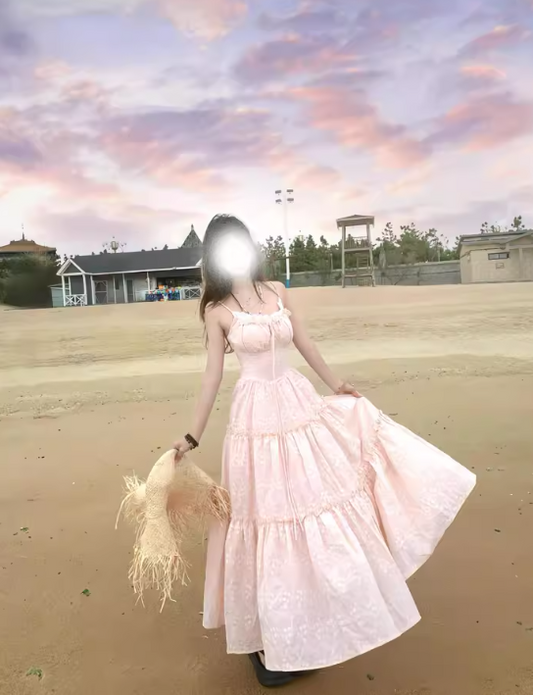 Cute A-Line Spaghetti Straps Lace-up Pleated Seaside Long Birthday Party Dress Women Dress Summer Dress D1790