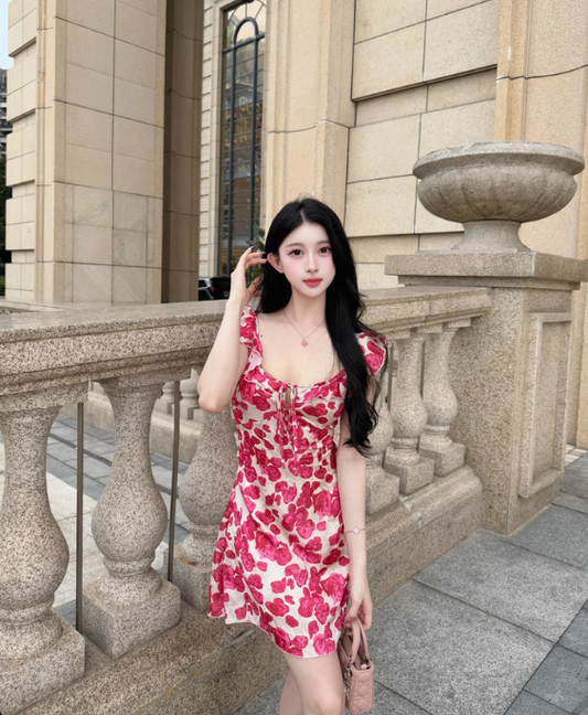 Sexy Seaside A-Line Straps Lace-up Printing Rose Short Outfits Dress Dating Dress Homecoming Dress D1791