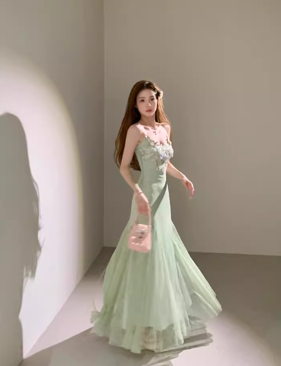 Seaside Vacation Spaghetti Straps Handmade Flower Tulle Mermaid Long Skirt Quinceanera Dress Women Dress Summer Dress D1792