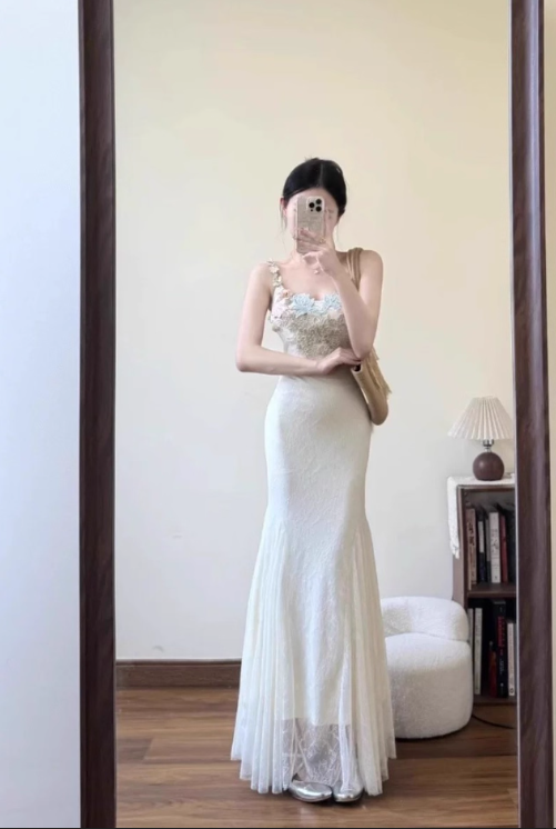 Seaside Vacation Spaghetti Straps Handmade Flower Tulle Mermaid Long Skirt Quinceanera Dress Women Dress Summer Dress D1792