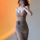 Shiny Spaghetti Straps Sheath Pleated Handmade Rose Long Birthday Party Dress Gala Prom Dress  D1793