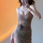 Shiny Spaghetti Straps Sheath Pleated Handmade Rose Long Birthday Party Dress Gala Prom Dress  D1793
