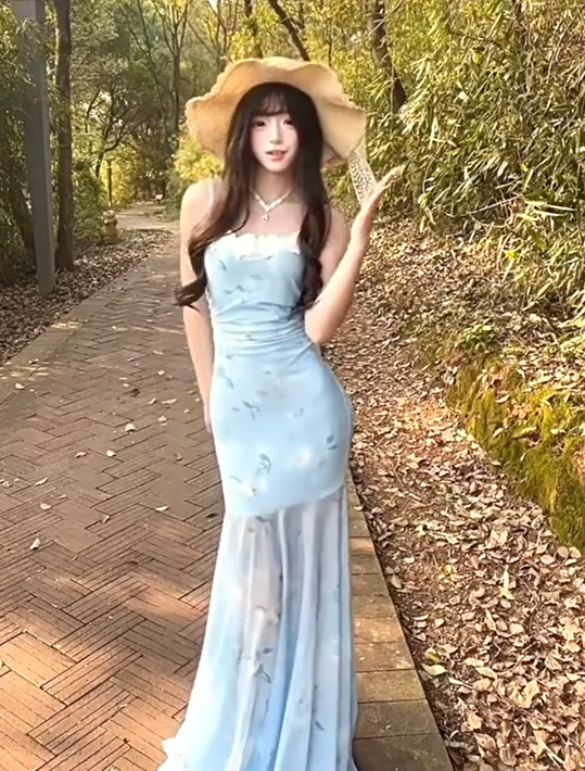 Seaside Spaghetti Straps Sheath Lace Printing Long Mermaid Party Dress Women Dress Summer Dress Vacation Dress  D1794