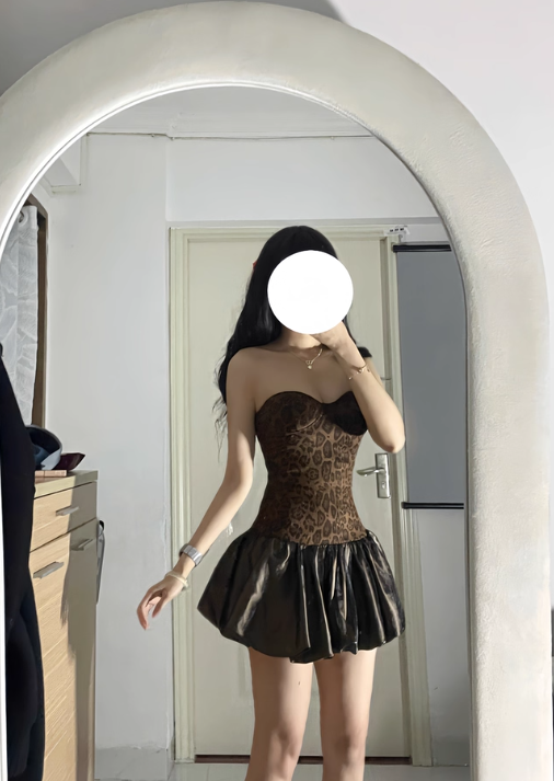 Sexy Sweetheart Neckline Leopard print Pleated Birthday Party Dress Short Outfits Dress Cocktail Dress   D1797