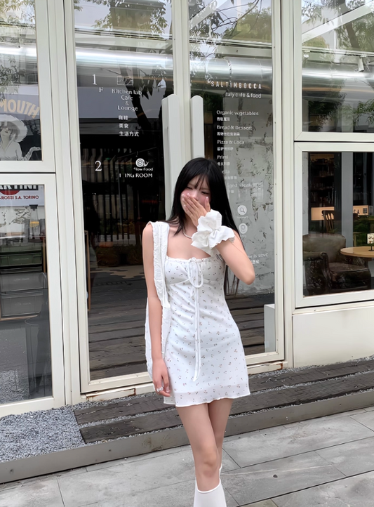 Cute A Line Spaghetti Straps Lace-up Flower Sheath  Seaside Mini Skirt Homecoming Dress Party Dress  D1800