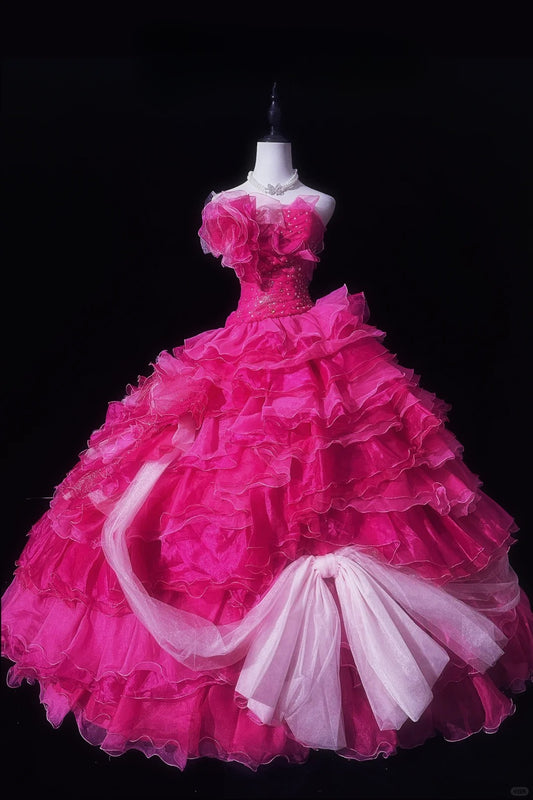 Gorgeous Strapless Handmade Rose Crystal Tiered Ruffle Ball Gown Birthday Party Prom Dress Evening Dress D1801