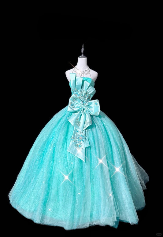 Elegant Strapless Embroidered Flower Tiered Tulle Rhinestone Ball Gown Sweet 16 Dress  Birthday Dress with Bowknot D1802