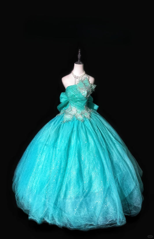 Shiny Strapless Rhinestone Tiered Tulle Ball Gown Birthday Party Evening Dress Prom Dress Quincearera Dress with Bowknot D1803